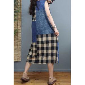 Plaid and Striped Patchwork A-Line Dress V-Neck Denim Sundress