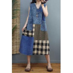 Plaid and Striped Patchwork A-Line Dress V-Neck Denim Sundress