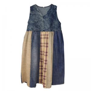 Cotton Linen Patchwork Vest Dress Loose High Waist Dress