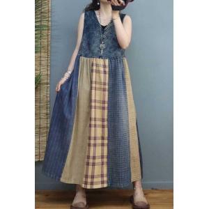 Cotton Linen Patchwork Vest Dress Loose High Waist Dress