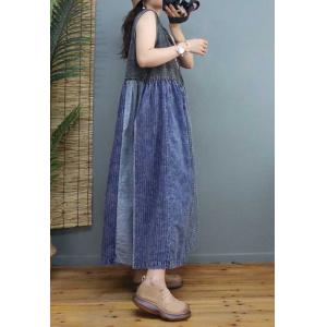 Cotton Linen Patchwork Vest Dress Loose High Waist Dress