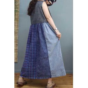 Cotton Linen Patchwork Vest Dress Loose High Waist Dress