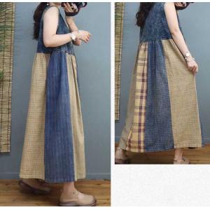 Cotton Linen Patchwork Vest Dress Loose High Waist Dress