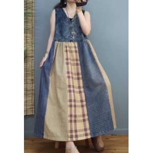 Cotton Linen Patchwork Vest Dress Loose High Waist Dress