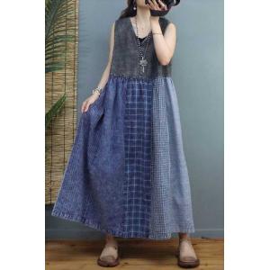 Cotton Linen Patchwork Vest Dress Loose High Waist Dress