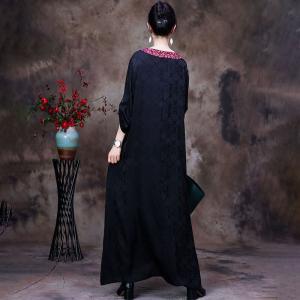 Butterfly and Flowers Embroidered Dress Silk Black Maxi Dress