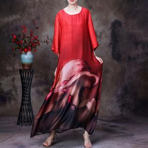 Senior Women Printed Silk Cruise Dress Summer Elegant Dress