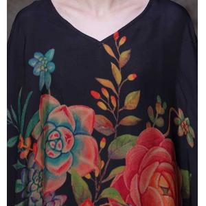 Rose Prints Plus Size Moroccan Dress Black Dolman Sleeve Caftan