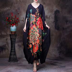 Rose Prints Plus Size Moroccan Dress Black Dolman Sleeve Caftan