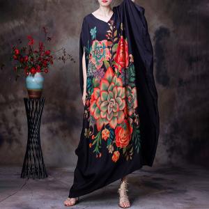 Rose Prints Plus Size Moroccan Dress Black Dolman Sleeve Caftan