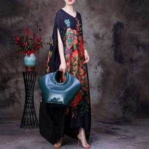 Rose Prints Plus Size Moroccan Dress Black Dolman Sleeve Caftan