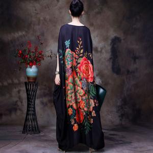 Rose Prints Plus Size Moroccan Dress Black Dolman Sleeve Caftan