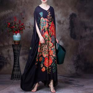 Rose Prints Plus Size Moroccan Dress Black Dolman Sleeve Caftan