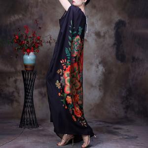 Rose Prints Plus Size Moroccan Dress Black Dolman Sleeve Caftan