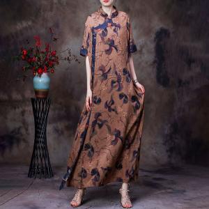 Red Rose Mandarin Collar Dress Half Sleeves Loose Chinese Qipao