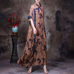 Red Rose Mandarin Collar Dress Half Sleeves Loose Chinese Qipao