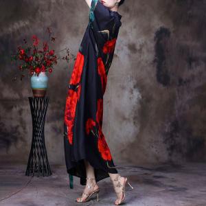 Red Rose Mandarin Collar Dress Half Sleeves Loose Chinese Qipao