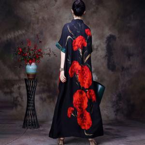 Red Rose Mandarin Collar Dress Half Sleeves Loose Chinese Qipao