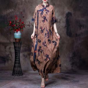 Red Rose Mandarin Collar Dress Half Sleeves Loose Chinese Qipao