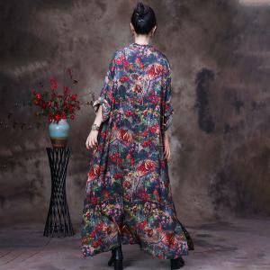 Chinese Buttons Printed Loose Cheongsam Long Silk Cardigan