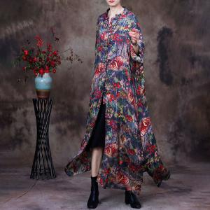 Chinese Buttons Printed Loose Cheongsam Long Silk Cardigan