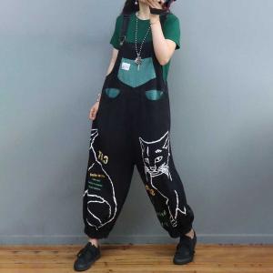 Cartoon Cat Baggy Black Overalls Denim Fluffy 90s Overalls