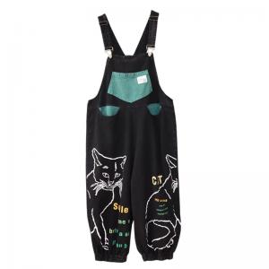 Cartoon Cat Baggy Black Overalls Denim Fluffy 90s Overalls