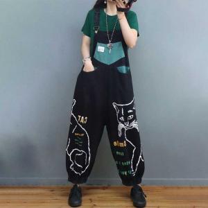 Cartoon Cat Baggy Black Overalls Denim Fluffy 90s Overalls