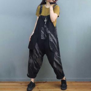 Street Style Striped Bib Overalls Black Adjustable Straps Dungarees