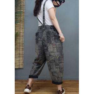 Fashion Doodle Prints Jeans with Suspenders Baggy Pants for Women