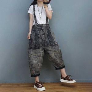 Fashion Doodle Prints Jeans with Suspenders Baggy Pants for Women