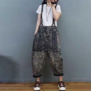 Fashion Doodle Prints Jeans with Suspenders Baggy Pants for Women