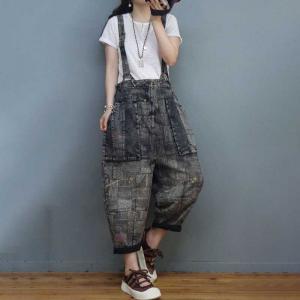 Fashion Doodle Prints Jeans with Suspenders Baggy Pants for Women