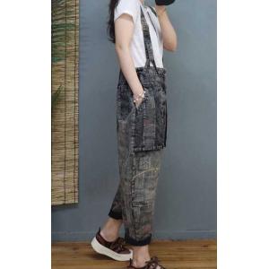 Fashion Doodle Prints Jeans with Suspenders Baggy Pants for Women