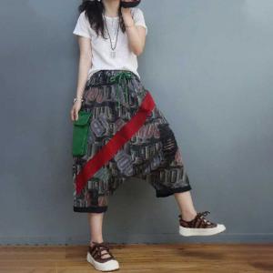 Letter Pattern Denim Harem Pants Red Patchwork Hippie Jeans