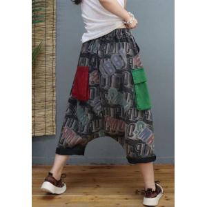 Letter Pattern Denim Harem Pants Red Patchwork Hippie Jeans