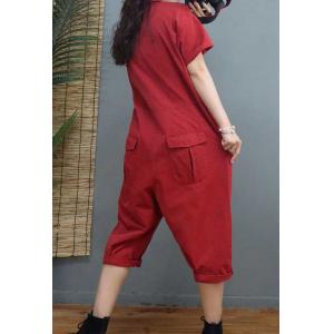 Front Zip Short Sleeves Cotton Coveralls Ripped Casual Jumpsuits