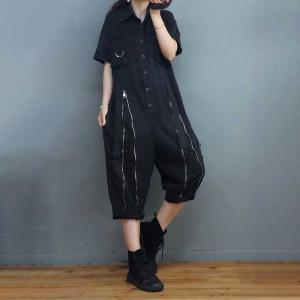 Front Zip Short Sleeves Cotton Coveralls Ripped Casual Jumpsuits