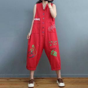 Button Down Letter Sleeveless Jumpsuits V-Neck Loose Jumpsuits