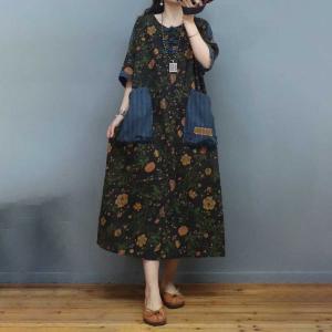 Chinese Style Cotton Linen Floral Dress Pankou Summer Linen Clothing