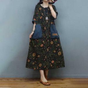 Chinese Style Cotton Linen Floral Dress Pankou Summer Linen Clothing