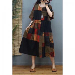 High-Waisted Printed Folk Dress Cotton Linen Knee Length Dress