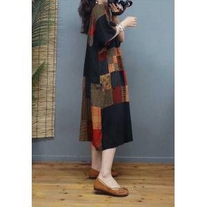 High-Waisted Printed Folk Dress Cotton Linen Knee Length Dress