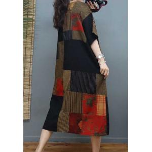High-Waisted Printed Folk Dress Cotton Linen Knee Length Dress