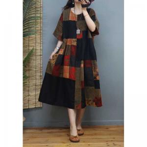 High-Waisted Printed Folk Dress Cotton Linen Knee Length Dress