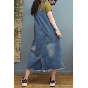 Flap Pockets Fringed Overall Dress Mid-Calf Denim Dress