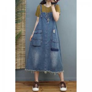 Flap Pockets Fringed Overall Dress Mid-Calf Denim Dress