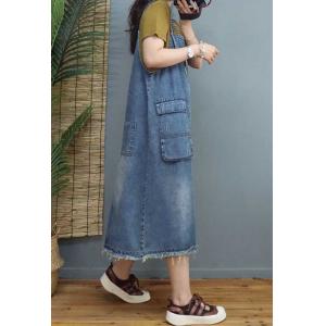 Flap Pockets Fringed Overall Dress Mid-Calf Denim Dress