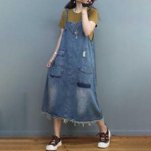 Flap Pockets Fringed Overall Dress Mid-Calf Denim Dress