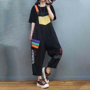 Letter Patterns Purple Painted Overalls Colorful Straps Black 90s Overalls